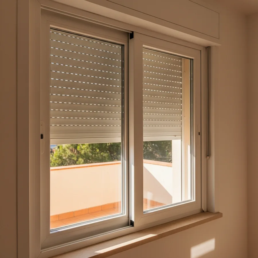 Persiana de aluminio recien instalada bajada sobre ventana de fachada residencial