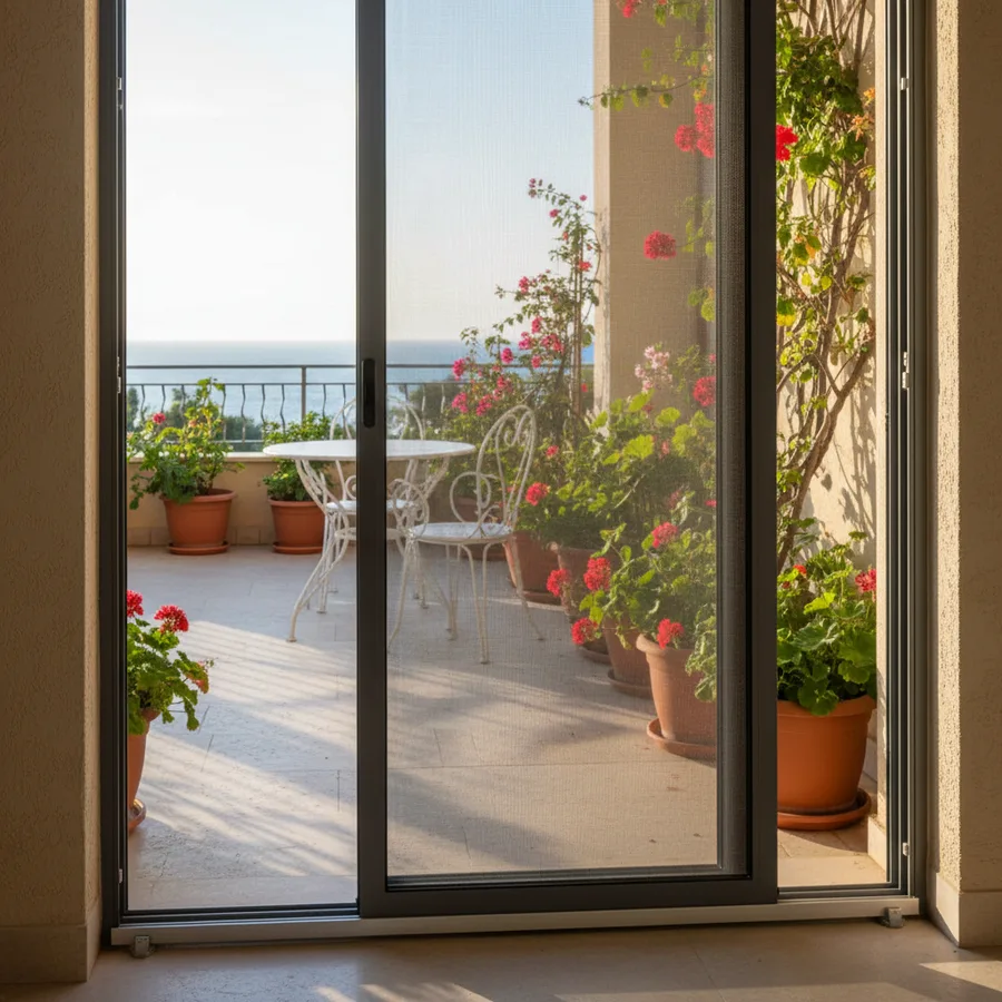 mosquitera plisada recogida en lateral de puerta de terraza con perfil de aluminio blanco